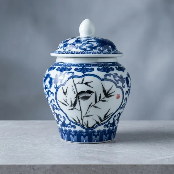 Multicolor_Ceramic_Chinese-Inspired_Floral_Bamboo_Ginger_Jar