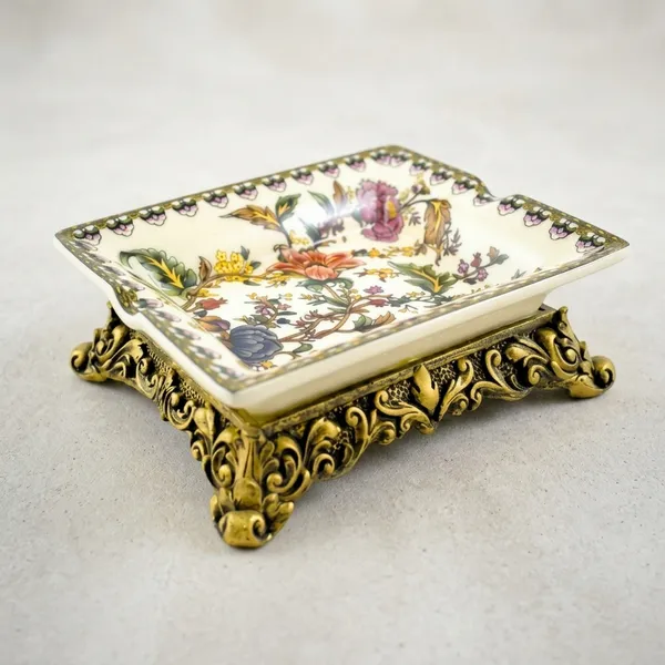 Multicolor_Ceramic_Brass_Stand_Floral_Soap_Dish_Tray