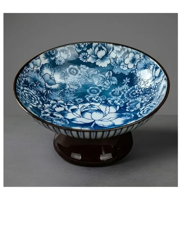 Blue_Ceramic_Oriental_Floral_Bowl_With_Wooden_Stand