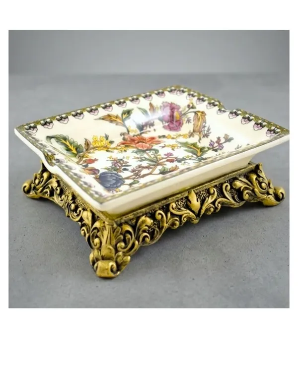 Multicolor_Ceramic_Brass_Stand_Floral_Soap_Dish_Tray