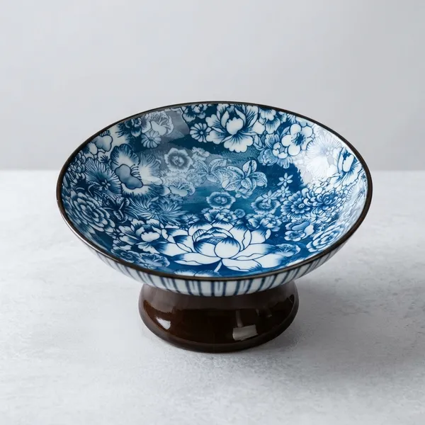 Blue_Ceramic_Oriental_Floral_Bowl_With_Wooden_Stand