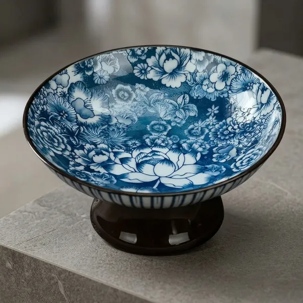 Blue_Ceramic_Oriental_Floral_Bowl_With_Wooden_Stand