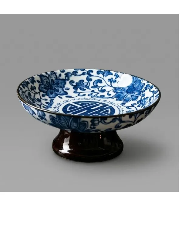 Blue_Ceramic_Traditional_Floral_Bowl_With_Pedestal_Base