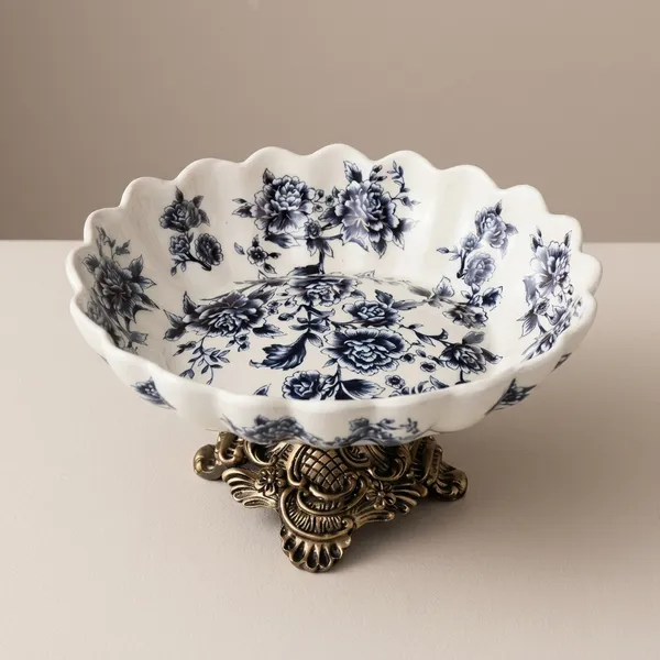 White_And_Blue_Porcelain_Chinoiserie_Floral_Scalloped_Bowl_On_Brass_Stand
