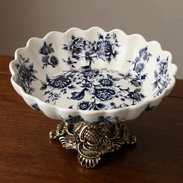 White_And_Blue_Porcelain_Chinoiserie_Floral_Scalloped_Bowl_On_Brass_Stand