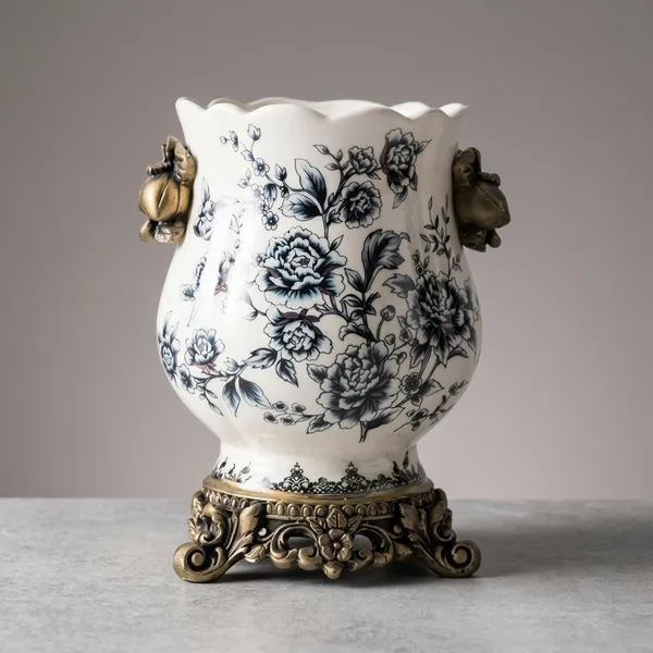 White_Ceramic_Classic_Floral_Vase_With_Gold_Handles