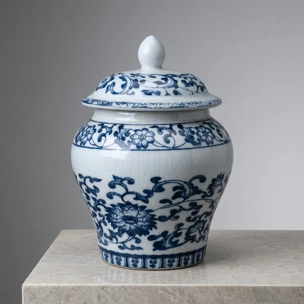 Blue_Porcelain_Oriental_Floral_Ginger_Jar_With_Lid