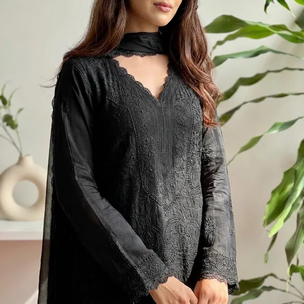 Black_Georgette_Chikankari_Embroidery_Kurta_With_Pant_And_Dupatta_For_Women