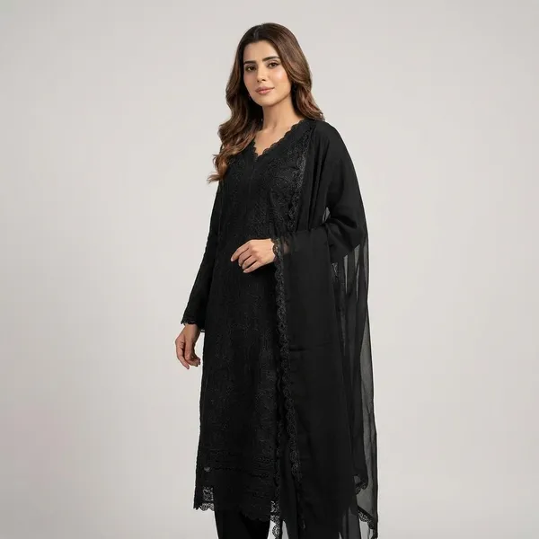 Black_Georgette_Chikankari_Embroidery_Kurta_With_Pant_And_Dupatta_For_Women