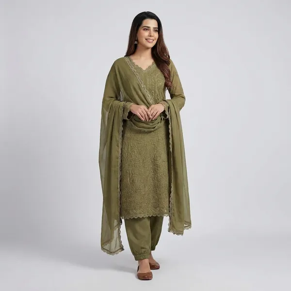 Green_Georgette_Chikankari_Embroidery_Kurta_With_Pant_And_Dupatta_For_Women