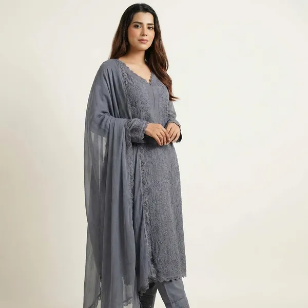 Gray_Georgette_Chikankari_Embroidery_Kurta_With_Pant_And_Dupatta_For_Women