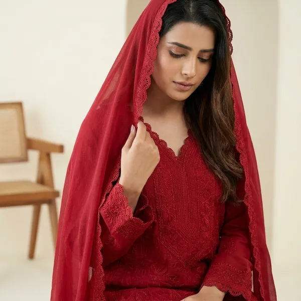 Red_Georgette_Chikankari_Embroidery_Kurta_With_Pant_And_Dupatta_For_Women