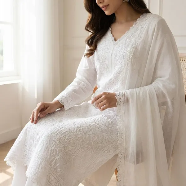 White_Georgette_Chikankari_Embroidery_Kurta_With_Pant_And_Dupatta_For_Women