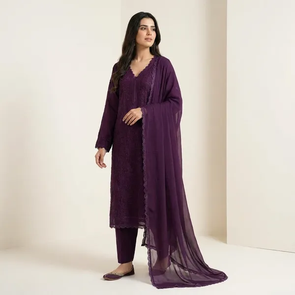 Wine_Georgette_Chikankari_Embroidery_Kurta_With_Pant_And_Dupatta_For_Women