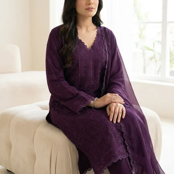 Wine_Georgette_Chikankari_Embroidery_Kurta_With_Pant_And_Dupatta_For_Women