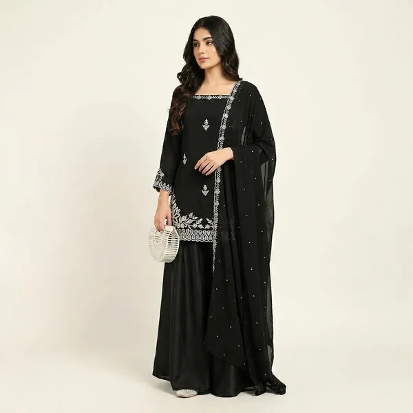 Black_Luxury_Heavy_Crepe_Embroidered_Kurti_Palazzo_Set_With_Tibby_Silk_Dupatta