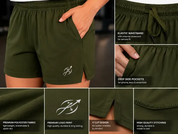 Women's__Olive_Green_Premium_Polyester_Olive_Green_Training_Shorts_|_Quick-Dry_Gym_Athletic_Shorts_with_Side_Pockets_&_Elastic_Waistband_for_Running,_Yoga_&_Workout