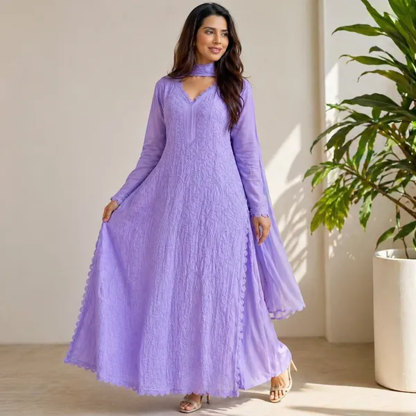 Lavender_Georgette_Chikankari_Embroidery_Kurta_With_Pant_And_Dupatta_For_Women