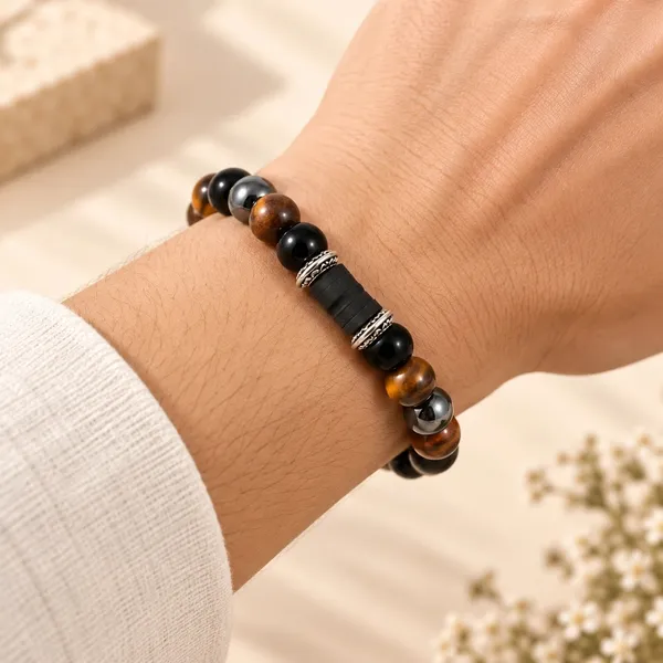 Triple_Protection_Healing_Bracelet_with_Damru_-_Tiger_Eye,_Black_Obsidian_&_Hematite_Beads