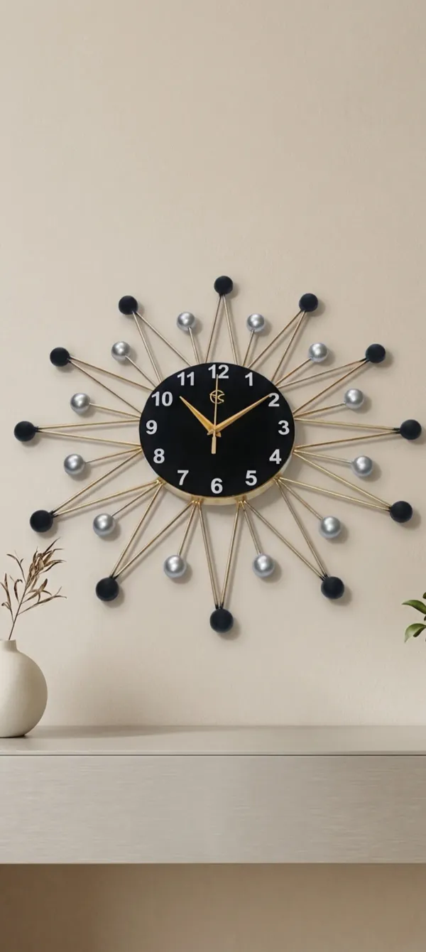 Black_And_Gold_Modern_Sunburst_Wall_Clock_Withface_Andhands
