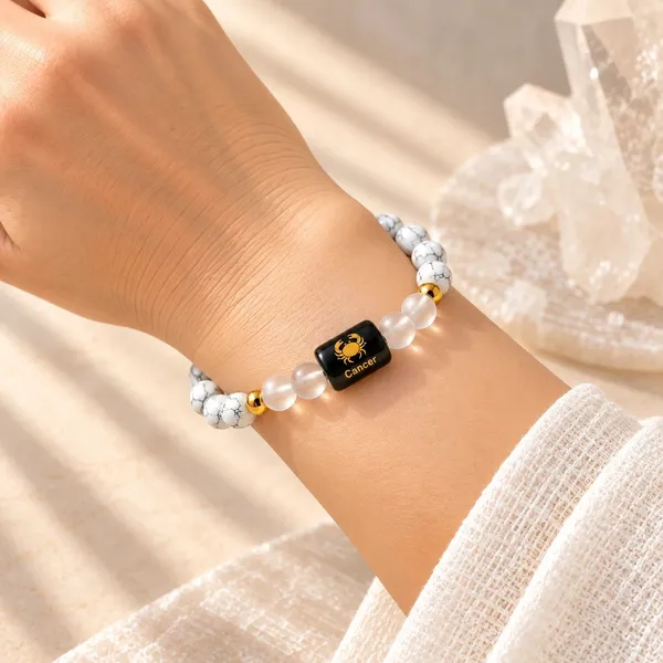 Cancer_(कर्क_राशि)_Zodiac_Bracelet_-_Howlite_&_Clear_Quartz