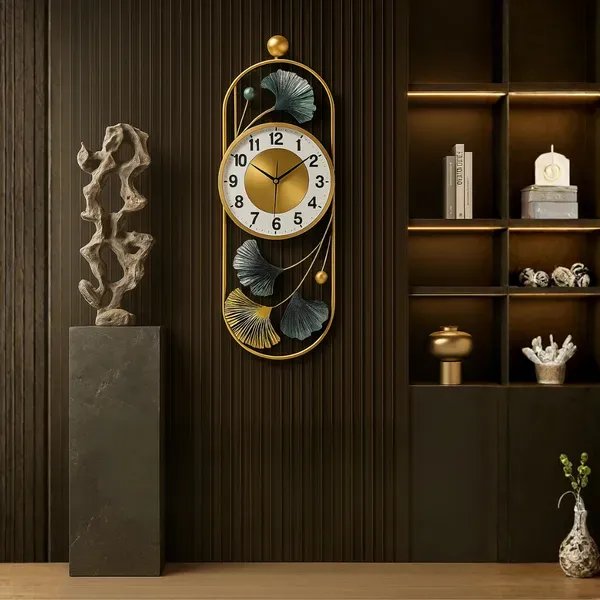 Gold_And_Silver_Ginkgo_Leaf_Wall_Clock_With_Decorative_Metal_Frame