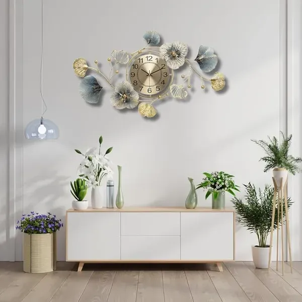 Gold_And_Blue_Decorative_Ginkgo_Leaf_Wall_Clock_Floral_Design
