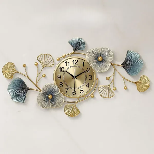 Gold_And_Blue_Decorative_Ginkgo_Leaf_Wall_Clock_Floral_Design
