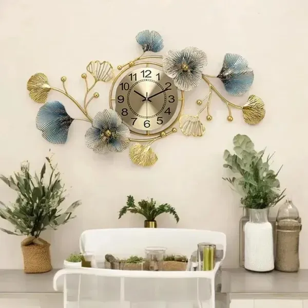 Gold_And_Blue_Decorative_Ginkgo_Leaf_Wall_Clock_Floral_Design