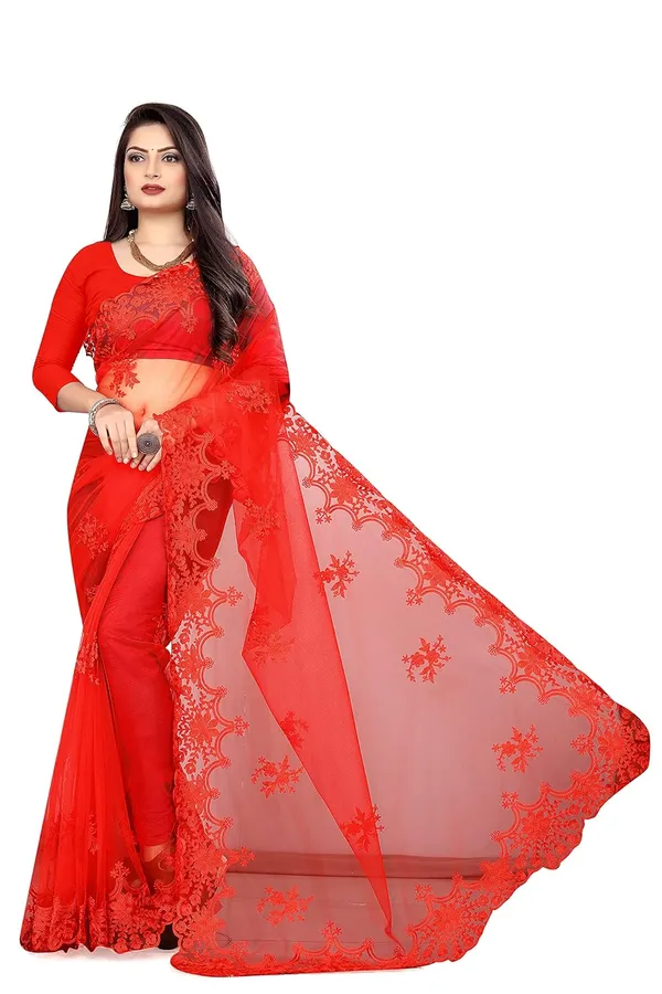 Women_Net_Embroidered_Worked_Saree_With_Unstitched_Blouse_Piece_Red