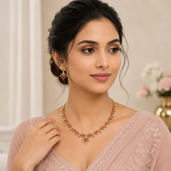 AMRITRATAN_Gold_Plated_Contemporary_Geometric_Necklace_Set_with_Matching_Earrings_|_Pink_&_Green_Stone_Designer_Jewellery_for_Women_&_Girls