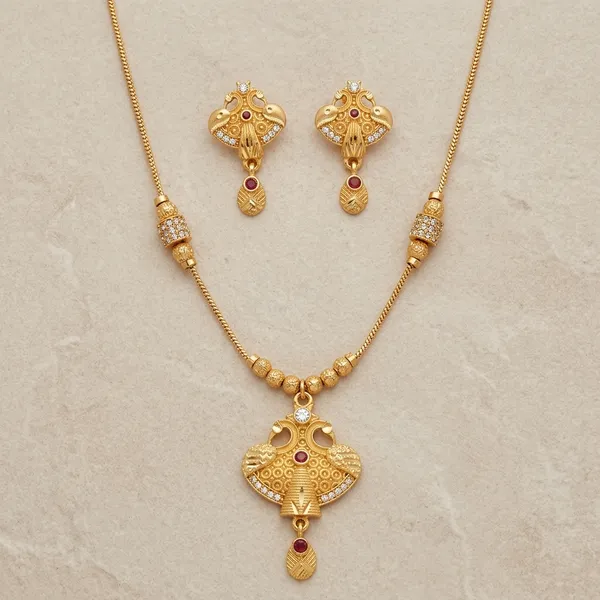 Gold_Plated_Brass_Peacock_Pendant_Red_Stone_Necklace_Set_For_Women