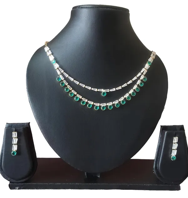 Green_Silver_Double-Layer_Crystal_American_Diamond_Necklace_Set_For_Women