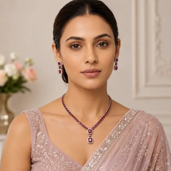 AMRITRATAN_Rhodium-Plated_Ruby_Red_Designer_Necklace_Set_with_Matching_Earrings_|_Elegant_Statement_Jewellery_for_Women_&_Girls_|_Wedding,_Party_&_Festive_Wear