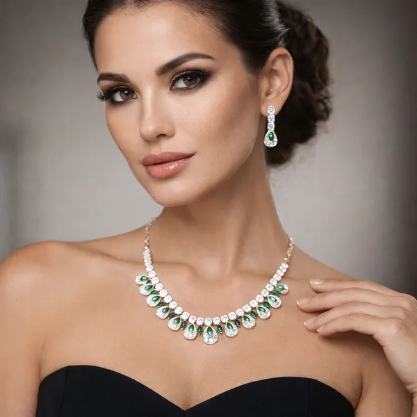 White_Green_American_Diamond_Teardrop_Necklace_Set_For_Women