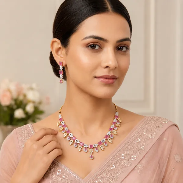 AMRITRATAN_Gold-Tone_Designer_Pink_Stone_Necklace_Set_with_Matching_Earrings_|_Floral_Statement_Jewellery_for_Women_&_Girls_|_Wedding,_Party_&_Festive_Wear