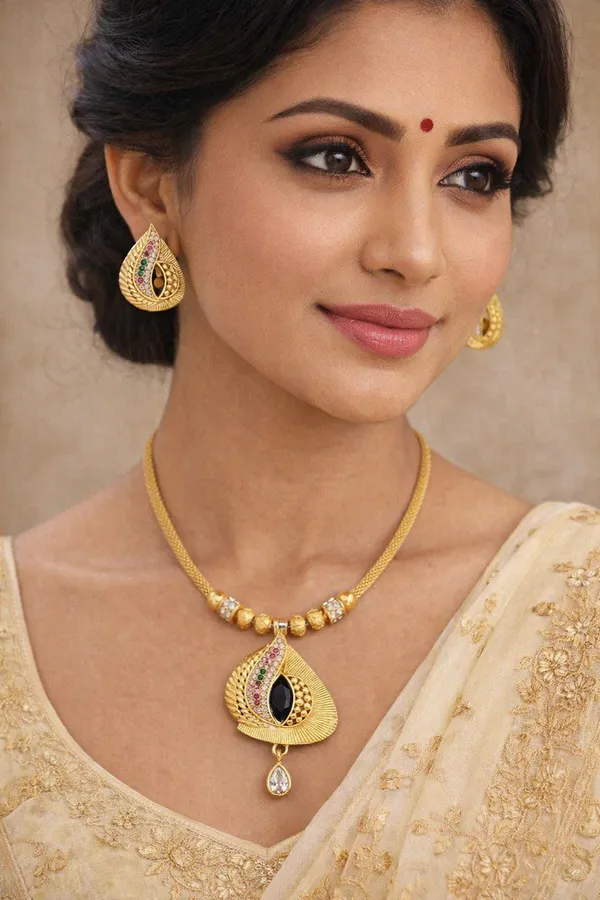 Golden_Brass_Teardrop_Crystal_Black_Stone_Necklace_Set_For_Women