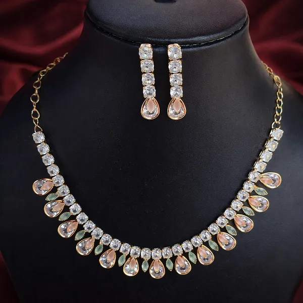 Green_Peach_Crystal_Drop_American_Diamond_Necklace_Set_For_Women