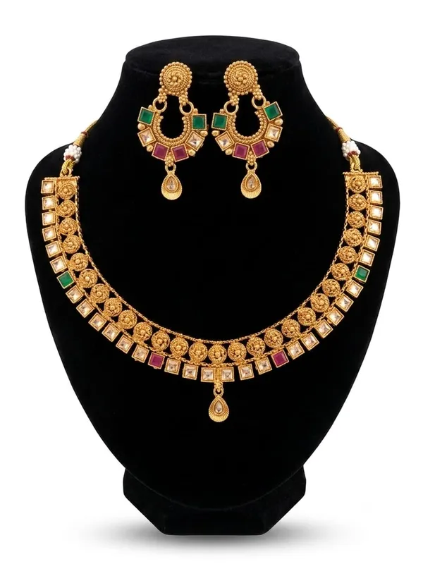 AMRITRATAN_Gold_Plated_Temple_Style_Kundan_Necklace_Set_with_Matching_Earrings_|_Multicolour_Traditional_Designer_Jewellery_for_Women_&_Girls_|_Wedding,_Bridal_&_Festive_Wear