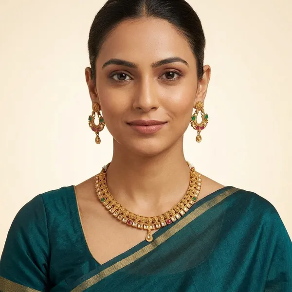 AMRITRATAN_Gold_Plated_Temple_Style_Kundan_Necklace_Set_with_Matching_Earrings_|_Multicolour_Traditional_Designer_Jewellery_for_Women_&_Girls_|_Wedding,_Bridal_&_Festive_Wear