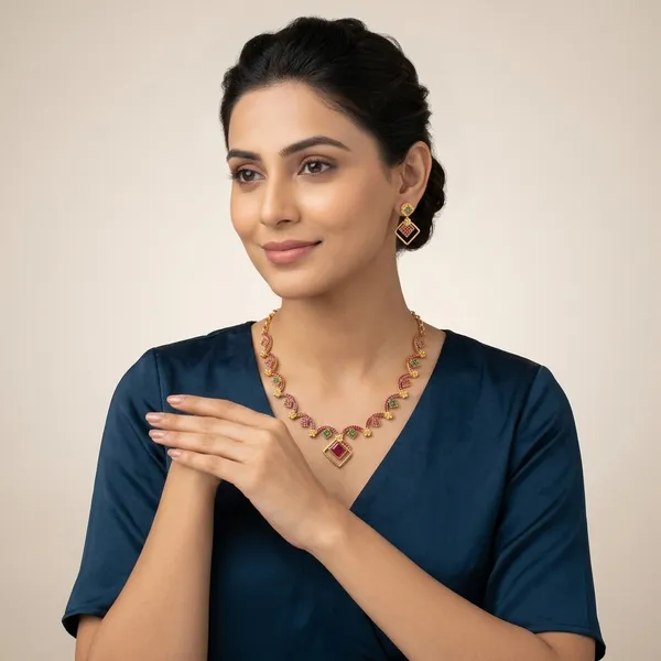 AMRITRATAN_Gold_Plated_Contemporary_Geometric_Necklace_Set_with_Matching_Earrings_|_Pink_&_Green_Stone_Designer_Jewellery_for_Women_&_Girls