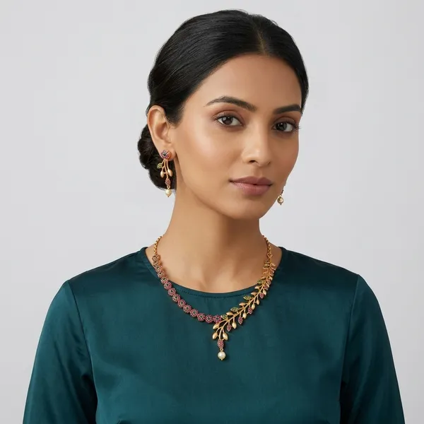 AMRITRATAN_Premium_Floral_Designer_Necklace_Set_with_Earrings_|_Gold_Plated_|_Pink_&_Green_Stone_|_Pearl_Drop_|_Traditional_Wedding_&_Party_Jewellery