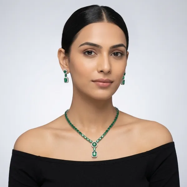 AMRITRATAN_Rhodium-Plated_Emerald_Green_Designer_Necklace_Set_with_Matching_Earrings_|_Elegant_Statement_Jewellery_for_Women_&_Girls_|_Wedding,_Party_&_Festive_Wear
