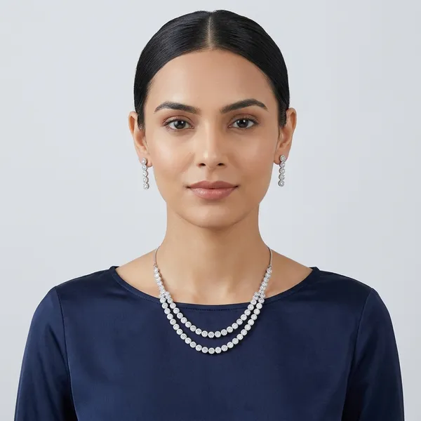 AMRITRATAN_Silver-Tone_Double_Layer_American_Diamond_Necklace_Set_with_Matching_Earrings_|_Elegant_Party,_Wedding_&_Festive_Jewellery_for_Women_&_Girls