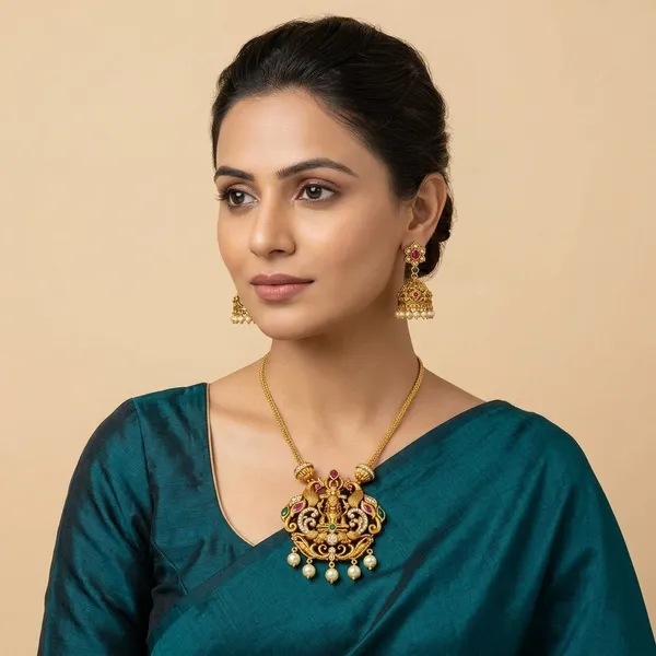 AMRITRATAN_Temple_Lakshmi_Pendant_Necklace_Set_with_Jhumka_Earrings_|_Antique_Gold_Finish_Traditional_Wedding_&_Festive_Jewellery_for_Women_&_Girls