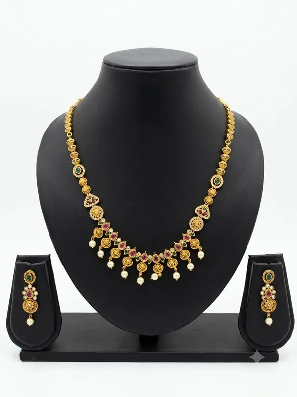 AMRITRATAN_Antique_Gold_Traditional_Necklace_Set_with_Ruby_&_Emerald-Inspired_Stones_|_Pearl_Drop_Wedding,_Festive_&_Ethnic_Jewellery_for_Women_&_Girls