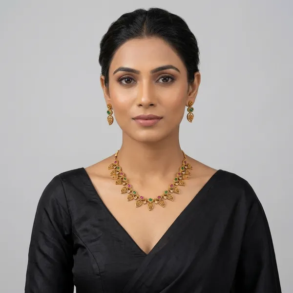 AMRITRATAN_Antique_Gold-Plated_Leaf_Motif_Necklace_Set_with_Multicolor_Stone_Accents_|_Traditional_Ethnic_Jewellery_for_Women_&_Girls_|_Wedding,_Festive_&_Party_Wear