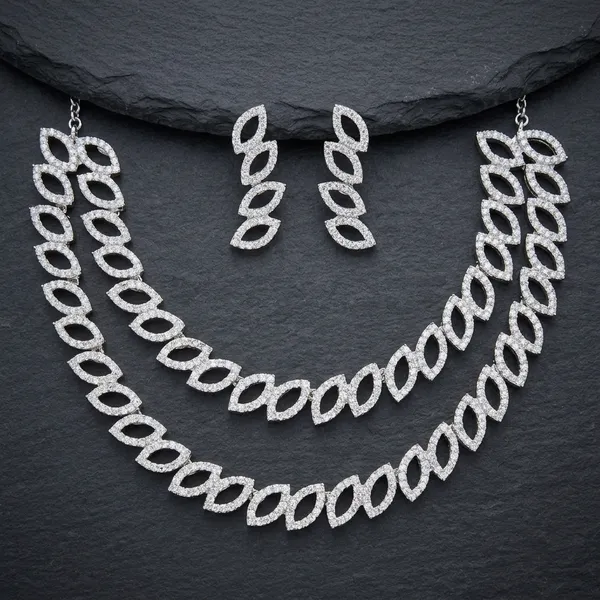 White_Pearl_Tone_Beaded_Double_Layer_Necklace_Set_For_Women