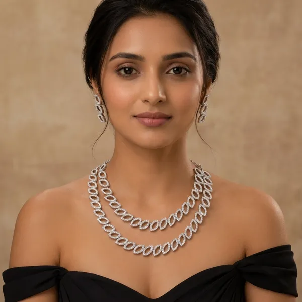 White_Pearl_Tone_Beaded_Double_Layer_Necklace_Set_For_Women
