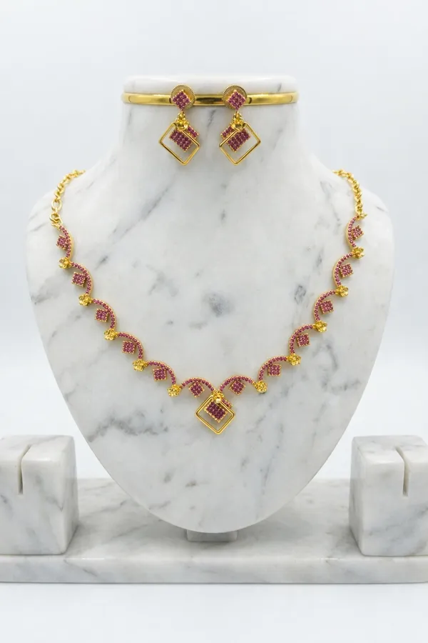 AMRITRATAN_Gold_Plated_Geometric_Designer_Necklace_Set_with_Matching_Earrings_|_Pink_Stone_Traditional_Jewellery_for_Women_&_Girls